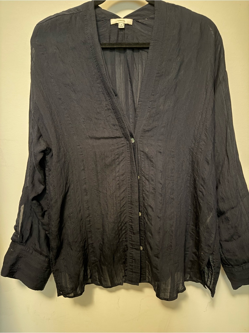 Vince Navy Button-Front Semi-Sheer Blouse